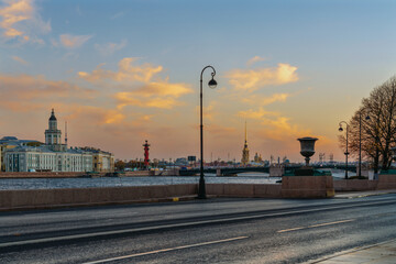 View from the English Embankment of the Palace Bridge, Peter and Paul Fortress and the building of the Kunstkamera on the University Embankment, St. Petersburg, Russia