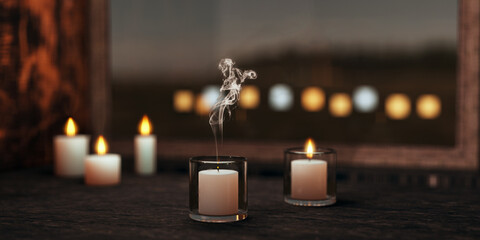 On a wooden table are scented candles in a glass, in the foreground there is a candle with a...