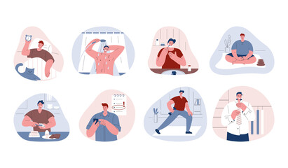Man is doing morning routine. Set of vector illustrations in flat style.