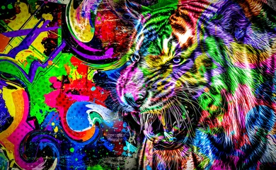 Deurstickers tijgerkop met creatieve kleurrijke abstracte elementen © reznik_val