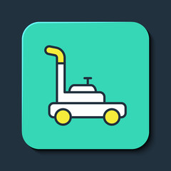 Filled outline Lawn mower icon isolated on blue background. Lawn mower cutting grass. Turquoise square button. Vector