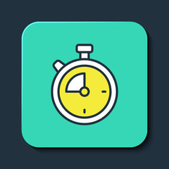 Filled outline Stopwatch icon isolated on blue background. Time timer sign. Chronometer sign. Turquoise square button. Vector