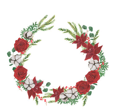 Watercolor painting winter wreath with red rose, lily, white cotton flowers berries, fir tree branches, eucalyptus plant. Design element