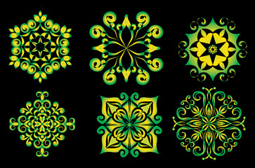 Set of round gradient mandala on black background. Vector hipster mandala in green, red, blue, violet and pink colors. Mandala with floral patterns. Yoga template.