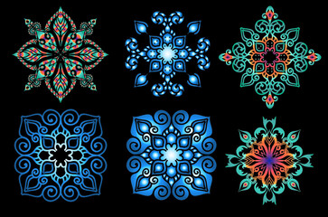 Set of round gradient mandala on black background. Vector hipster mandala in green, red, blue, violet and pink colors. Mandala with floral patterns. Yoga template.