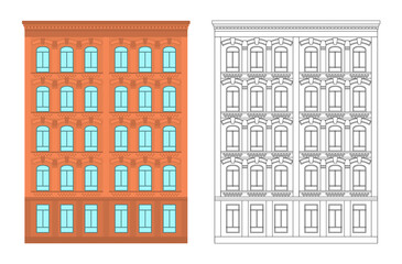 Apartment building set. Color and black outline. Urban retro style, multiple floors. Template for architecture design. Vector illustration with isolated white background
