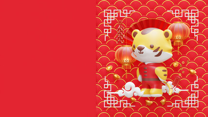 Chinese New Year Landing Page Template With Cute Tiger 3D Render Illustration