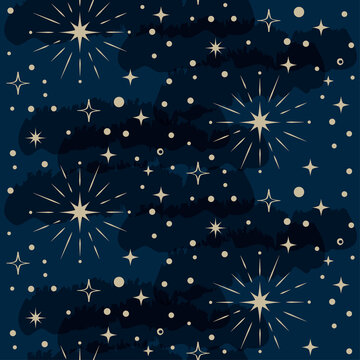 Gold star seamless pattern on dark background