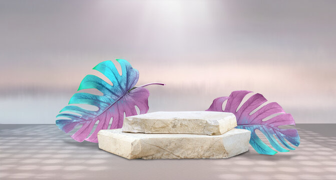 Original creative template for spa product presentation in form of composition of stone or marble slabs, bright exotic leaves in pink, purple and blue tones.