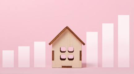 Changes in real estate prices. The concept of real estate services. Bargain home purchase. Small wooden house on a pink background