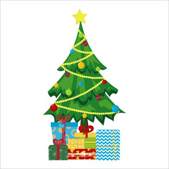 Christmas tree with gifts and a garland.