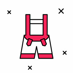 Filled outline Lederhosen icon isolated on white background. Traditional bavarian clothing. Oktoberfest outfit. Pants with suspenders. Patrick day. Vector