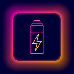 Glowing neon line Battery icon isolated on black background. Lightning bolt symbol. Colorful outline concept. Vector