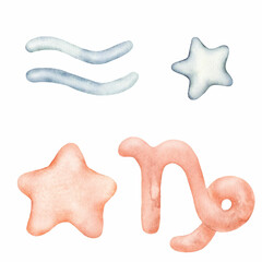 Watercolor zodiac signs Aquarius and Capricorn. Perfect for printing, web, textile design, souvenir products.