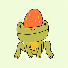 Cute frog in a strawberry hat. Funny cartoon doodle character for shirt, kids wearing, other trendy designs.