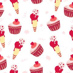 Seamless pattern with hand drawn ice cream and cake, cupcake on a white background. Doodle, simple flat illustration. It can be used for decoration of textile, paper.