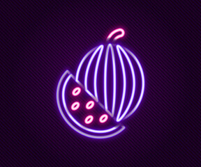 Glowing neon line Watermelon icon isolated on black background. Colorful outline concept. Vector