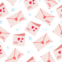 Seamless pattern with hand drawn envelope with a love letter and greeting card on a white background. Doodle, simple flat illustration. It can be used for decoration of textile, paper.
