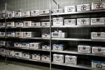 in the sterile goods store there are instrument containers with sterile instruments