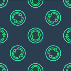 Line Recycle symbol icon isolated seamless pattern on blue background. Circular arrow icon. Environment recyclable go green. Vector
