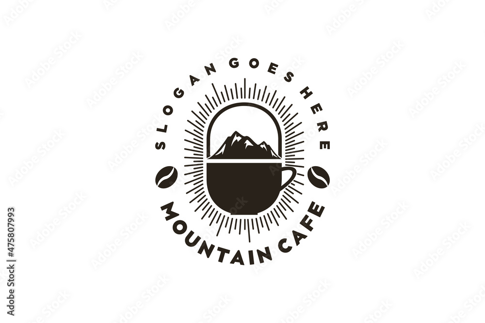 Wall mural vintage mountain logo with cup of coffee, logo inspiration