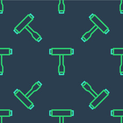 Line Multi-Function All-In-One portable skate tool T-tool for skateboard, longboard, electric skateboard icon isolated seamless pattern on blue background. Vector