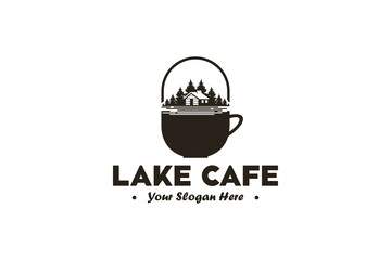 vintage lake view logo design with a cup of coffee, logo inspiration