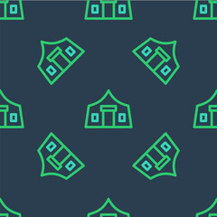 Line Tourist tent icon isolated seamless pattern on blue background. Camping symbol. Vector