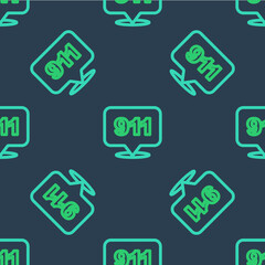 Line Telephone with emergency call 911 icon isolated seamless pattern on blue background. Police, ambulance, fire department, call, phone. Vector