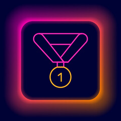 Glowing neon line Medal icon isolated on black background. Winner symbol. Colorful outline concept. Vector
