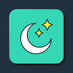 Filled outline Moon and stars icon isolated on blue background. Cloudy night sign. Sleep dreams symbol. Full moon. Night or bed time sign. Turquoise square button. Vector