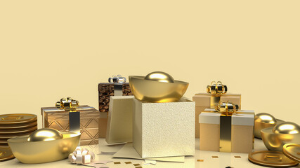 The Chinese  gold money and gift box on gold background  for business or holiday concept 3d rendering