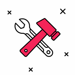 Filled outline Crossed hammer and wrench spanner icon isolated on white background. Hardware tools. Vector