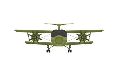 Biplane airplane in flight, front view.