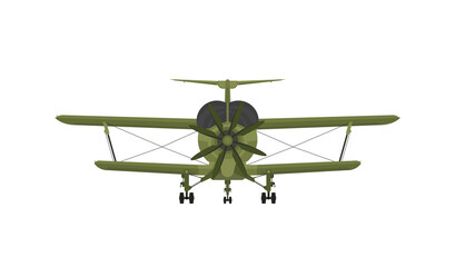 Biplane airplane in flight, front view.