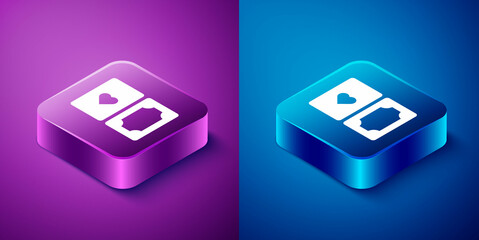 Isometric Deck of playing cards icon isolated on blue and purple background. Casino gambling. Square button. Vector
