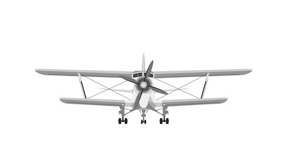 Front view of white airplane biplane with piston engine and propeller. Isolated on a white background