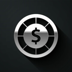 Silver Casino chips icon isolated on black background. Casino gambling. Long shadow style. Vector