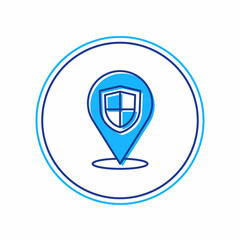Filled outline Location shield icon isolated on white background. Insurance concept. Guard sign. Security, safety, protection, privacy concept. Vector