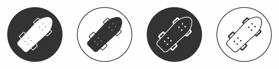 Black Skateboard icon isolated on white background. Extreme sport. Sport equipment. Circle button. Vector