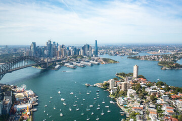 Naklejka premium Aerial drone panoramic view of Sydney City, the Sydney Harbour and the Harbour Bridge looking from North Sydney over Lavender Bay 