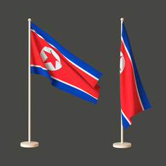 Two flags of North Korea on a neutral background - one fluttering on a flagpole, the other a twisted tabletop. 3D rendering. Layout. Blank for design. Isolated.