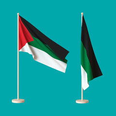 Two flags of Palestine on a neutral background - one waving on a flagpole, the other a twisted tabletop. 3D rendering. Layout. Blank for design. Isolated.