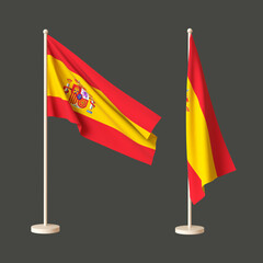 Two flags of Spain on a neutral background - one fluttering on a flagpole, the other twisted tabletop. 3D rendering. Layout. Blank for design. Isolated.