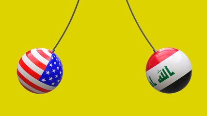 Balls on ropes in the colors of the US and Iraqi national flags are directed towards each other against a neutral background. 3D rendering. Blank for design. Layout. Policy concept.