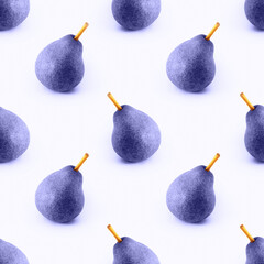Seamless background with purple pear and yellow pod. Natural print in trendy color very peri. Repeating ripe blue fruit.