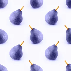 Wall murals Very peri Seamless background with purple pear and yellow pod. Natural print in trendy color very peri. Repeating ripe blue fruit.