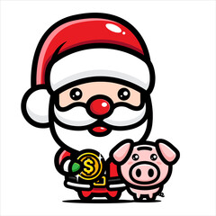 cute santa claus and pig cartoon character design sharing money