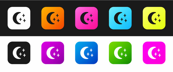 Set Moon and stars icon isolated on black and white background. Cloudy night sign. Sleep dreams symbol. Full moon. Night or bed time sign. Vector