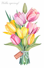Fototapeta premium Yellow and pink tulips, leaves. Spring bouquet on a white background. Watercolor illustration.